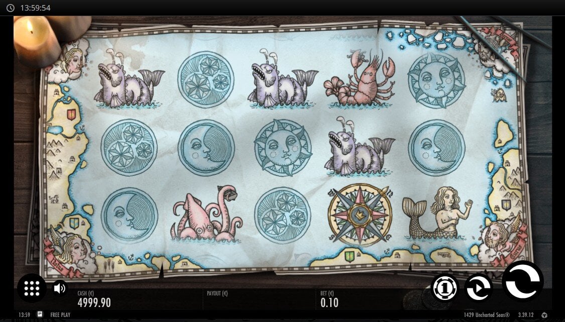 A still of 1429 Uncharted Seas, with the reels contained in a parchment map, on a candlelit wooden table.