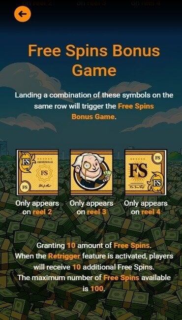 The Bank Maker paytable explaining how gold notes are used to spin for 10 to 100 free spins.