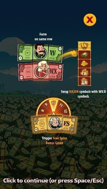 The intro to Bank Maker by Mancala Gaming, with animations showing how its swap symbols and free spin wheel works.
