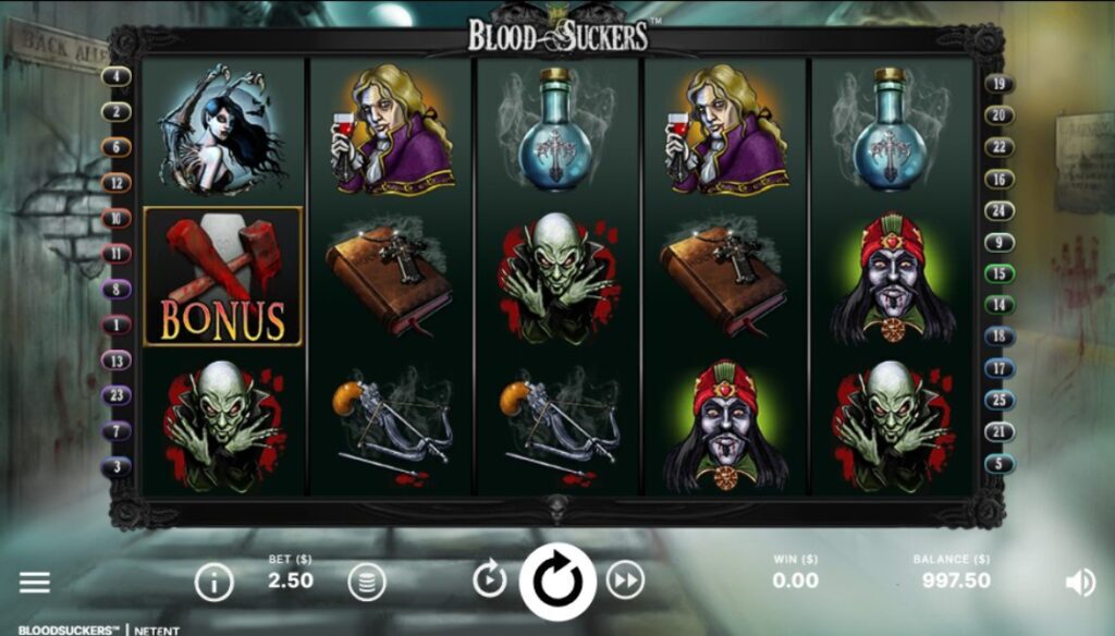 NetEntin vampyyriaiheisen Blood Suckersin peruspeli näyttää tältä