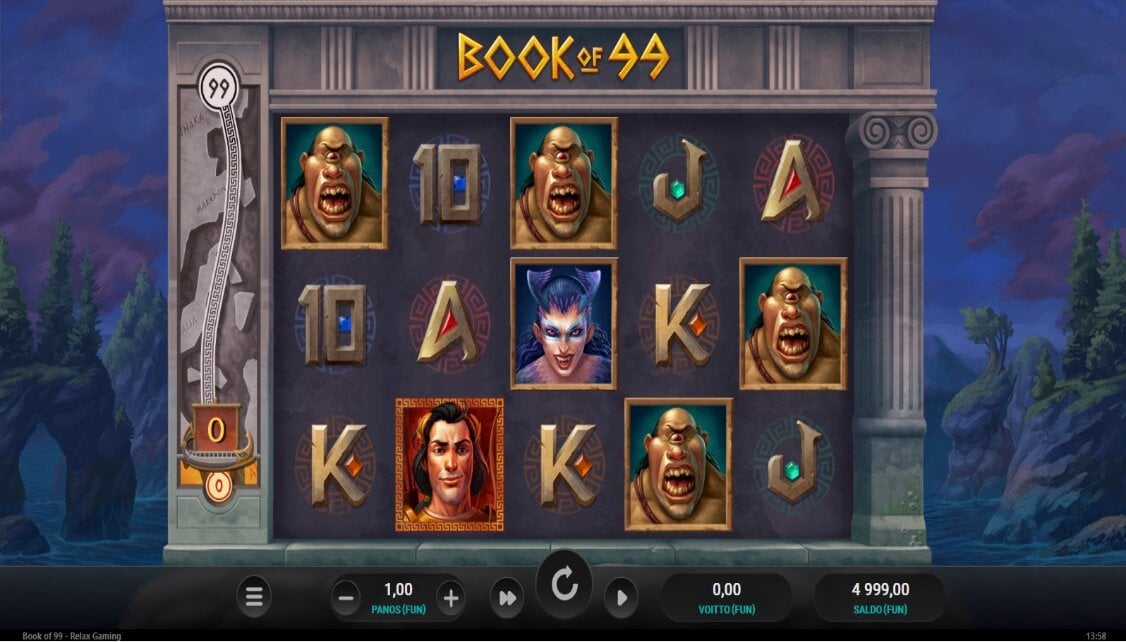 A still of Book of 99, showing its carved letter symbols, winding collection ladder, and portraits of Greek figures.
