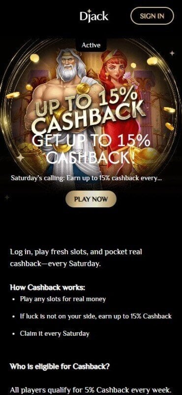 A screenshot of Djack casino’s cashback bonus explaining how it works with slot characters in the background.