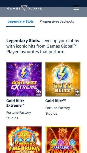 Screenshot from Games Global site