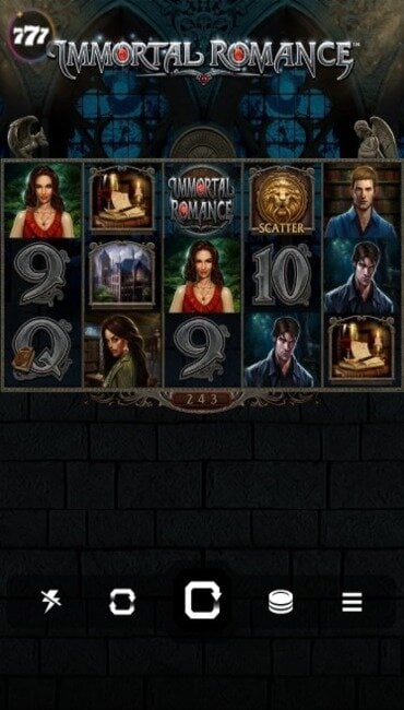A still from Games Global’s Immortal Romance, with vampire character symbols set against a gothic brick wall.