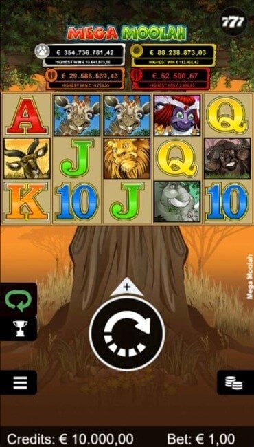 A still from Games Global’s biggest slot Mega Moolah, showing animal symbols arranged in front of an African savanna tree.