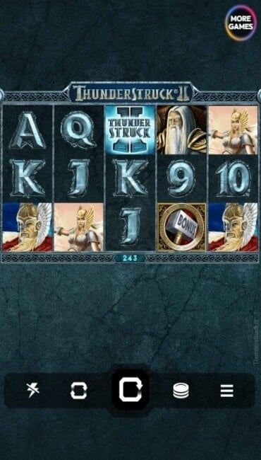 A still from Games Global’s Thunderstruck II, showing Norse figures like Thor and Valkyries against a cracked stone background.