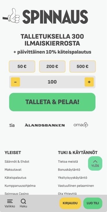 Spinnaus Casinon tervetulotarjous sisältää runsaasti ilmaiskierroksia eri peleihin