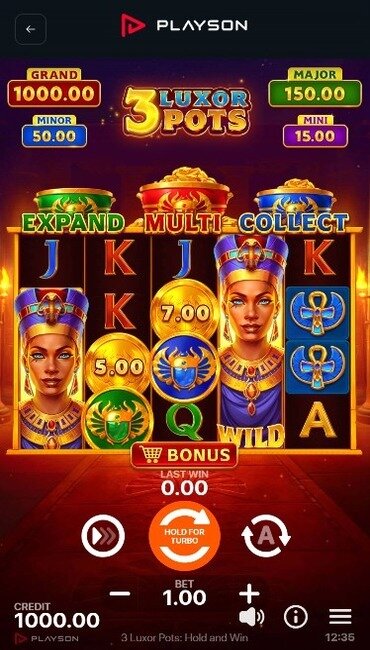 A still from Playson’s 3 Luxor Pots: Hold and Win, an Egyptian slot depicting an ancient queen and three colorful bonus features.