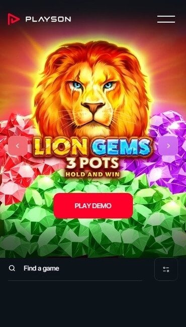 Playson’s game page, featuring a carousel of new slot promotions and a search bar to access their other games.