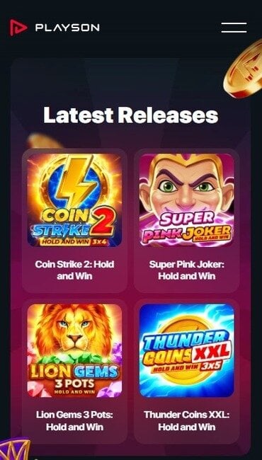 Playson’s homepage which is used to show four of the provider’s latest slot releases.