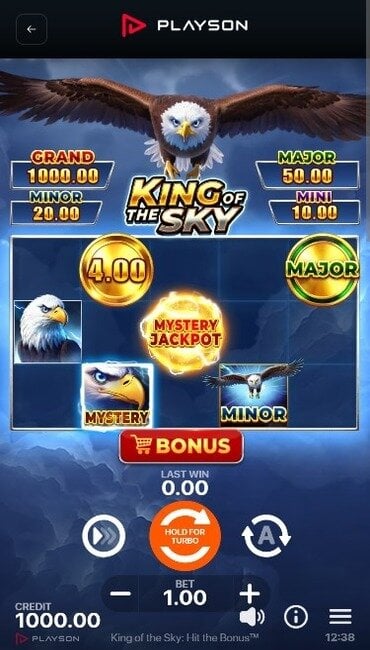 A still from Playson’s King of the Sky: Hit the Bonus, a soaring animal slot that follows an eagle flying through the sky.