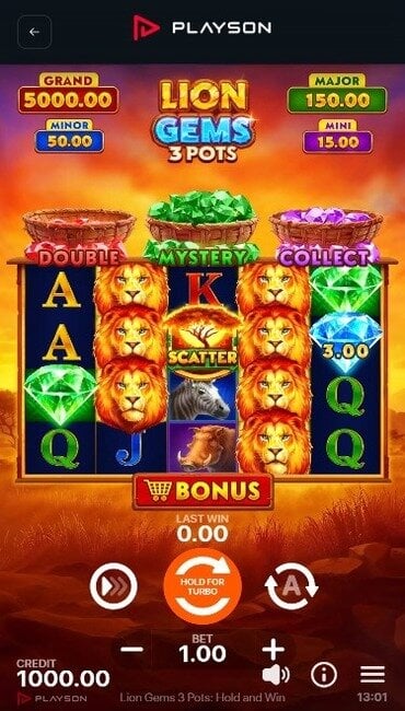 A still from Playson’s Lion Gems 3 Pots: Hold and Win, an animal slot set in a golden savanna with colorful crystal bonuses.