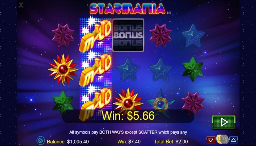Tässä on pelattu Starmaniaa ja saatu peruspelin voitto wildien avulla