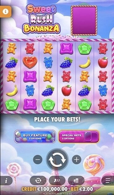 A still from Sweet Rush Bonanza gameplay page on a 6x5 grid and colourful candy symbols.