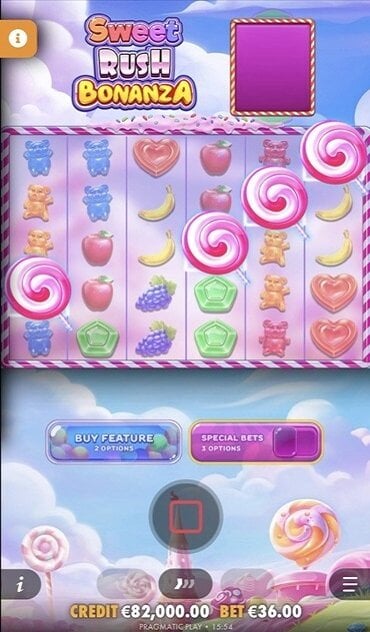 A still from Sweet Rush Bonanza showing the tumble feature, triggered when you collect candy symbols.