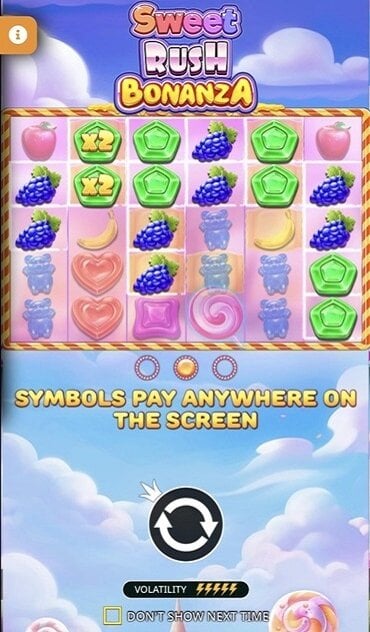 A still from Sweet Rush Bonanza showing candy-filled reels before gameplay starts.