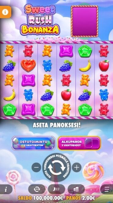 Tässä pelataan Sweet Rush Bonanzan peruspeliä