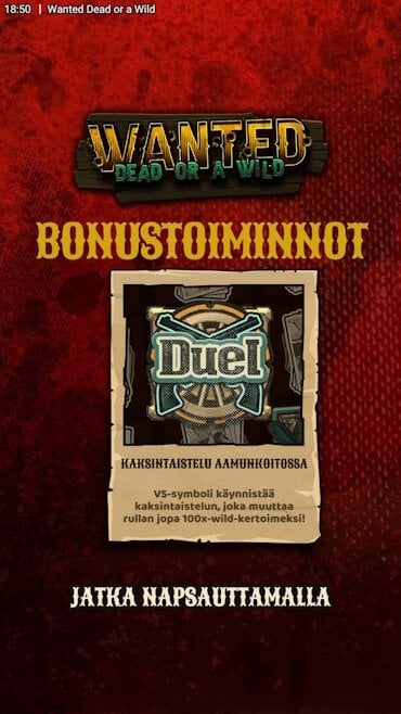 Wanted Dead or a Wild kolikkopelin Kaksintaistelu Aamunkoitossa -bonustoiminnon esittely.