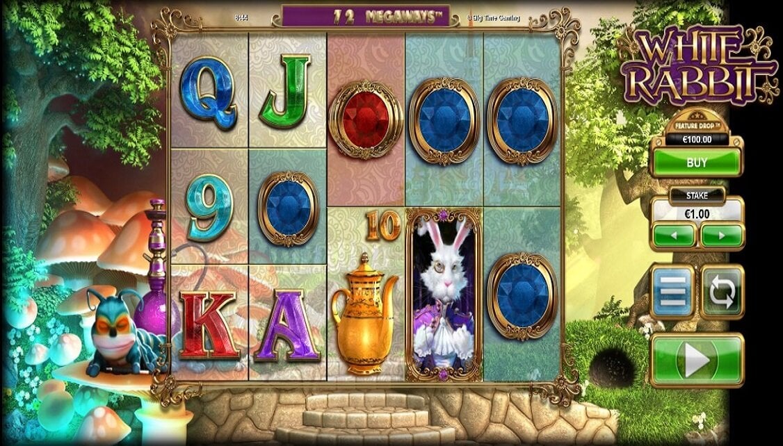 A still from White Rabbit, showing a fantastical outdoor scene with trees, giant mushrooms, and distinct cartoon characters.