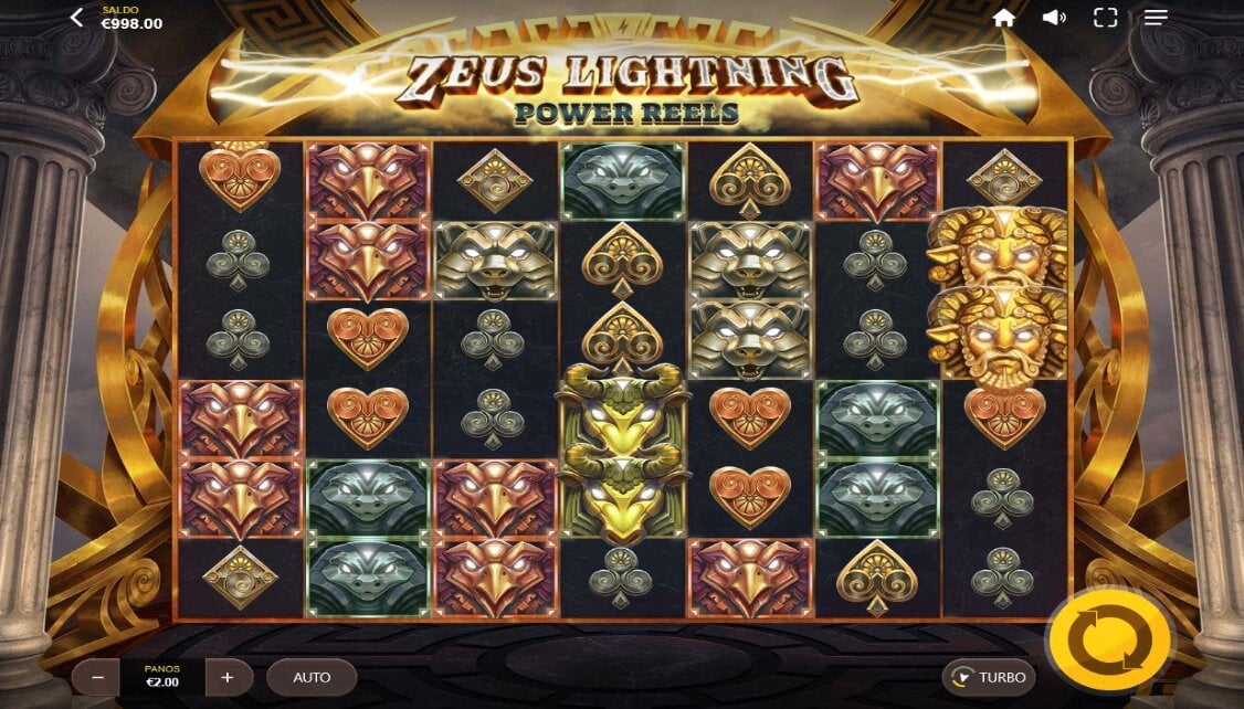 A still of Zeus Lightning Power Reels and its shiny, Greek temple grid complete with stylized suit symbols.