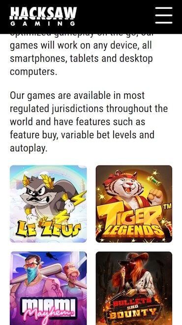 Hacksaw Gaminging kotisivut, jossa esillä suosittuja pelejä kuten le zeus, tiger legends, miami mayhem ja bullets and bounty.