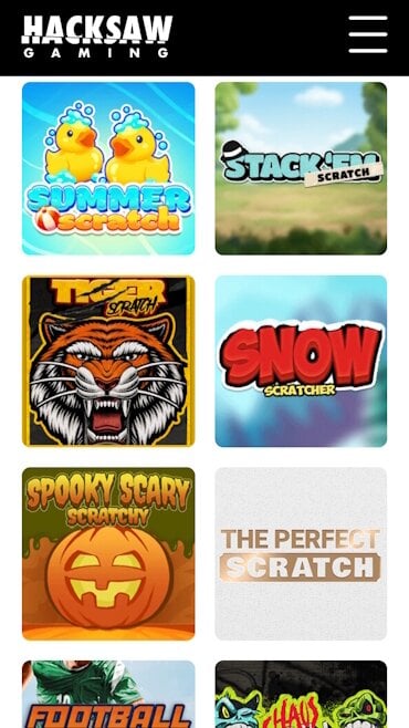 Lista Hacksaw Gamingin kotisivuilta esittelyssä olevista arvoista, kuten Summer Scratch ja Stack’em Scratch.