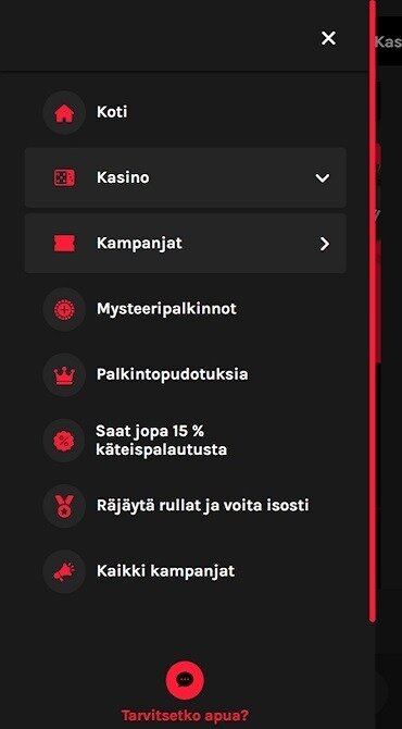 Kasinon valikko, jossa näkyvät kaikki eri kampanjat: mysteeripalkinnot, palkintopudotukset, käteispalautus, rullien räjäytys, ja linkki kaikkiin kampanjoihin.