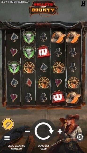 A still from Hacksaw Gaming’s Bullets and Bounty, showing Wild West symbols and a cowgirl character watching the reels.
