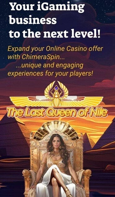 A still from the ChimeraSpin homepage showing the slogan “Take your iGaming business to the next level” with a slot-themed background.