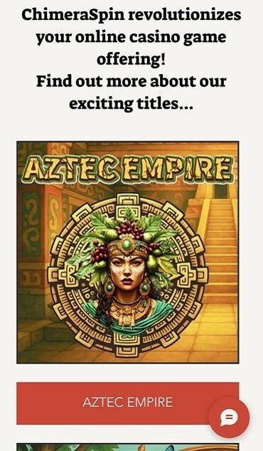 A still from the ChimeraSpin slot game page showing the text “ChimeraSpin revolutionizes your online game offering!” with the Aztec Empire slot displayed underneath.