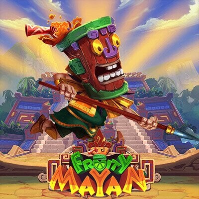 A still from Fruity Mayan, with colorful reels carved from wood and stone with carved fruit symbols on them.