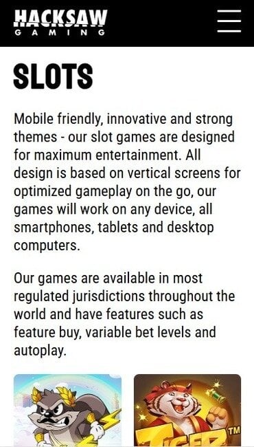 Hacksaw Gaming’s slots page, explaining the company’s mobile-first design style with clickable windows for each game.