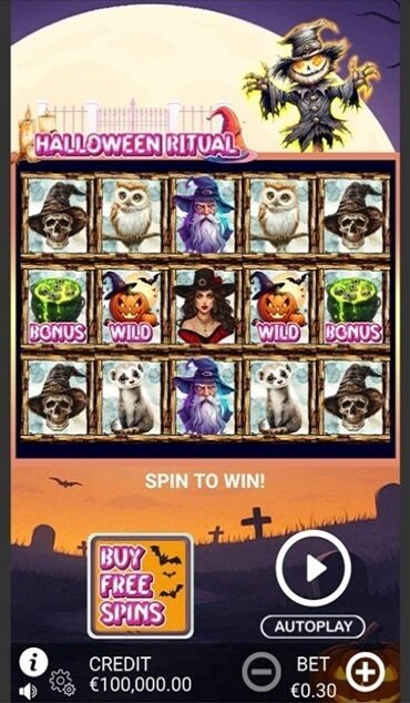 A still from Halloween Ritual showing the slot’s spooky intro screen with creepy graphics and Halloween-themed symbols.