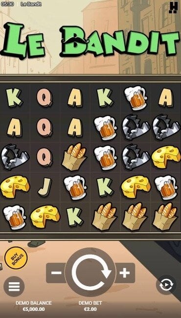 A still from Hacksaw Gaming’s Le Bandit, filled with cartoonish symbols associated with rats and France.