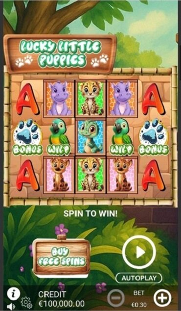 A still from Lucky Little Puppies showing the slot’s cheerful home screen filled with puppy-themed symbols before the game starts.