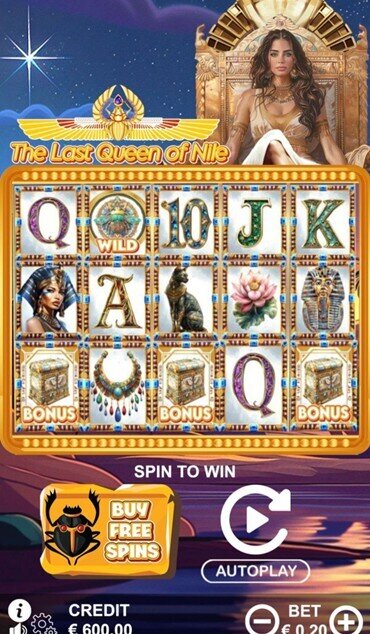 A still from The Last Queen of the Nile showing the slot’s main screen with Egyptian symbols and reels before gameplay begins.