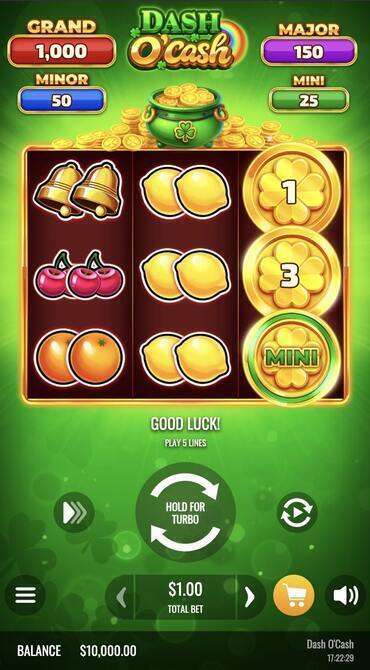 An image from the Dash O’Cash slot showing the fruit-themed symbols and the spin button.