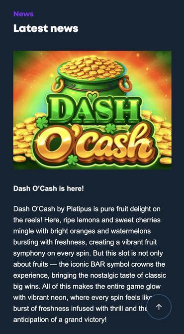 An image from Platipus homepage that describes the Dash O’Cash slot game as a game “where every spin feels like a burst of freshness”.
