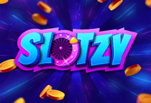Slotzy Casino logo is full of flying coins