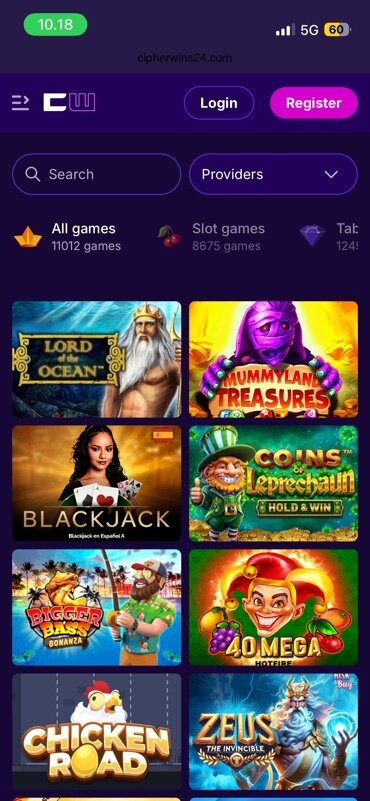 Mobile phone screenshot from CipherWins slots page
