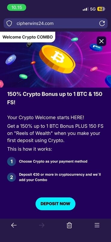 Mobile phone screenshot from CipherWins Crypto Welcome Bonus offer
