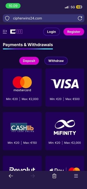 Mobile phone screenshot from CipherWins Payment methods