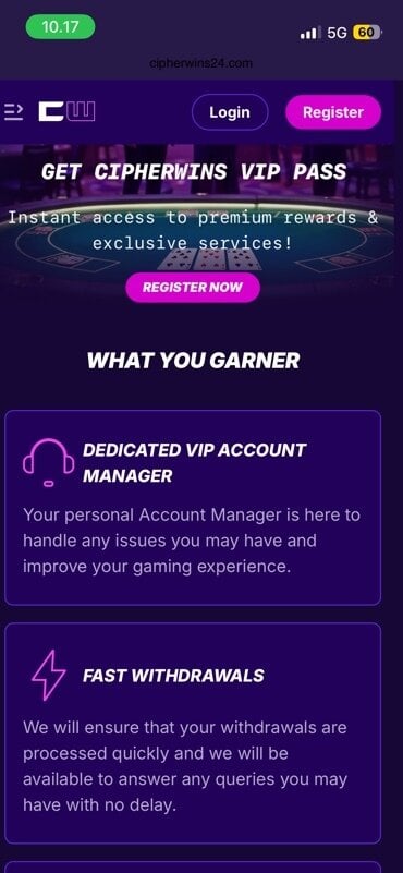 Mobile phone screenshot from CipherWins VIP info page