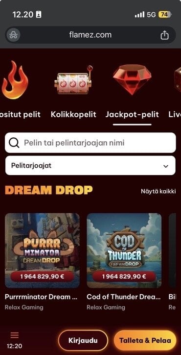 Flamez Casinolla pääsee pelaamaan progressiivisia jackpoteja kuten Dream Drop -jackpotit