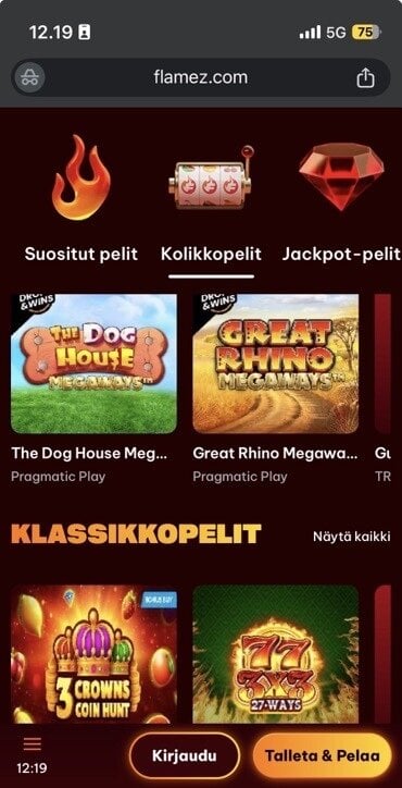 Flamez Casino tarjoaa paljon slotteja eli kolikkopelejä