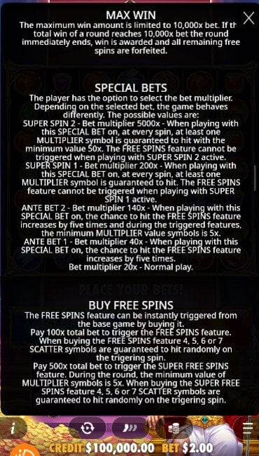 The rest of Fortune of Olympus’ paytable, finishing with this slot’s 10,000x max win and explaining players’ super spin and buy free spin options.
