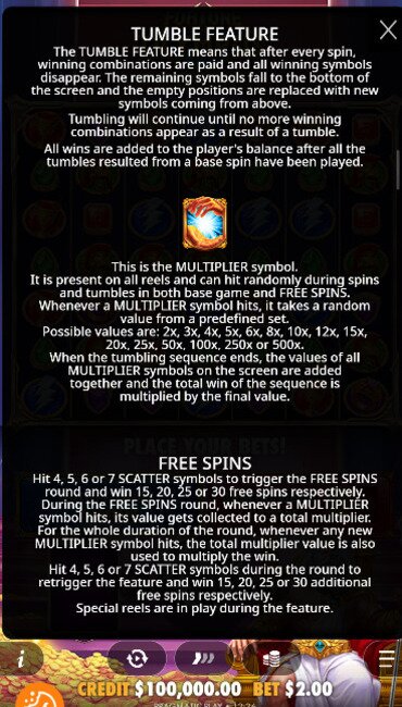 More of Fortune of Olympus’ paytable, with explanations of its tumble features and free spin bonus round.