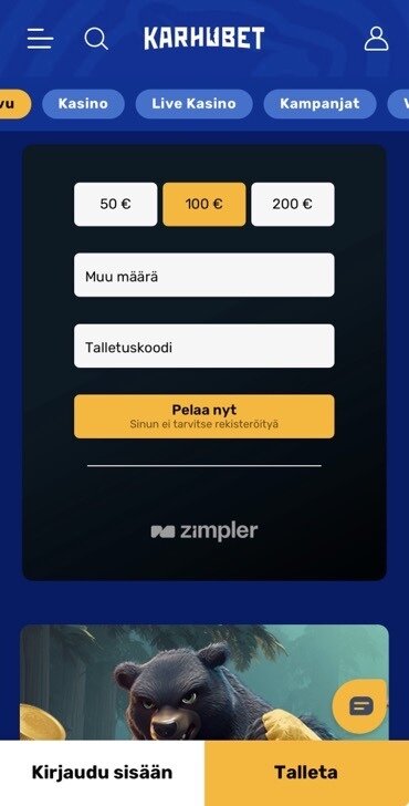 Karhubet Kasinon etusivu mobiilissa