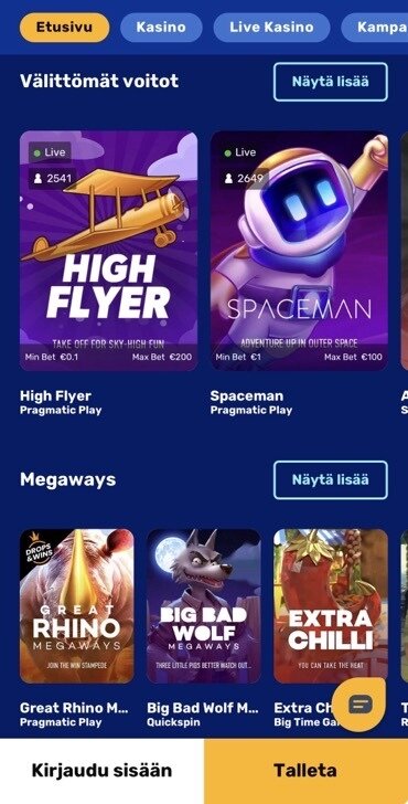 KArhubet Casinon pelivalikoimassa on megaways-pelejä ja välittömien voittojen pelejä kuten Spaceman