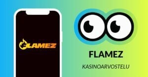 flamez casino arvostelu, Slotsoon silmät tarkailevat Flamez Casinon logoa puhelimen ruudulla